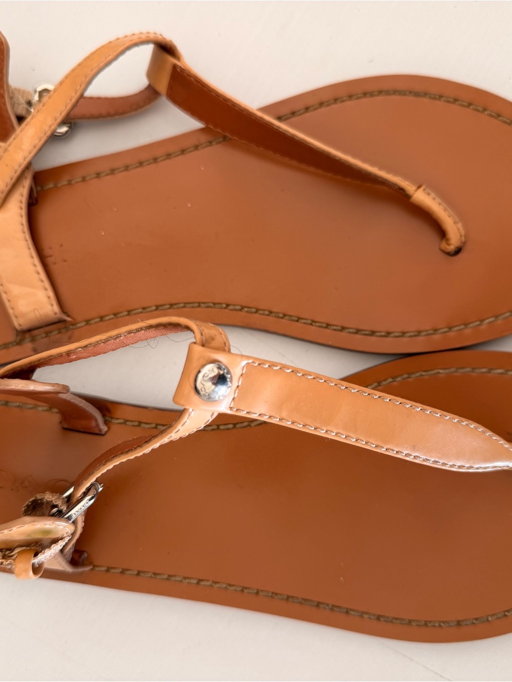 Coach Tan Leather T-Strap Sandals